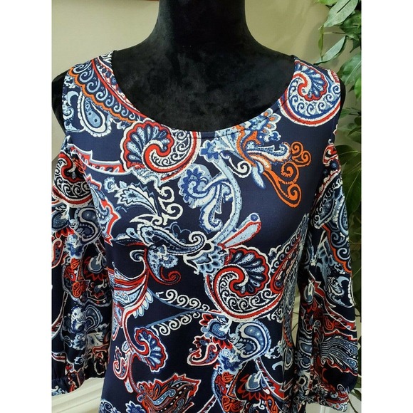 New Directions Women's Blue Cotton Cold Shoulder Sleeve Round Neck Blouse Size M - Picture 4 of 10